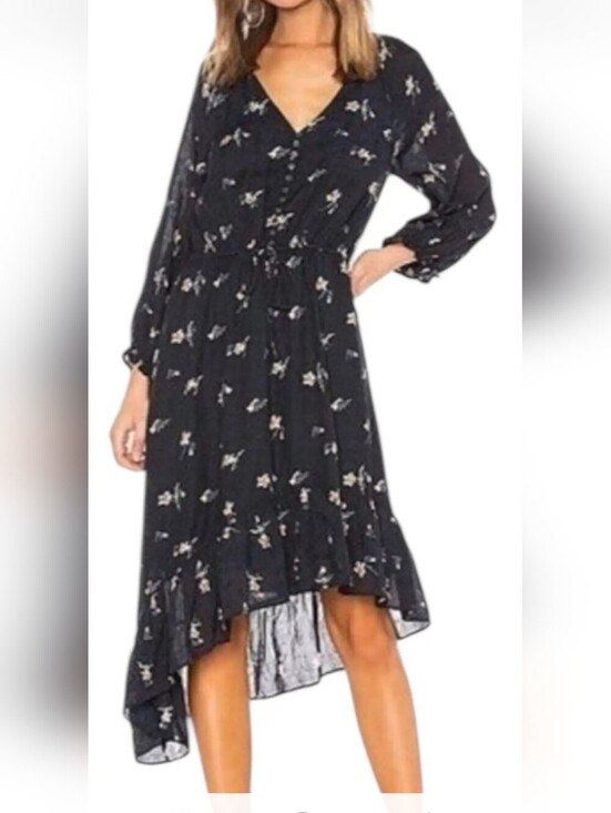 Joie Dresses & Skirts - Joie Black Floral Button-Front Long Sleeve Boho spring Midi Dress Size L